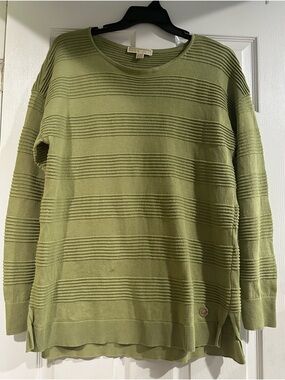 Michael Kors Olive Rib-Stripe Crewneck Sweater